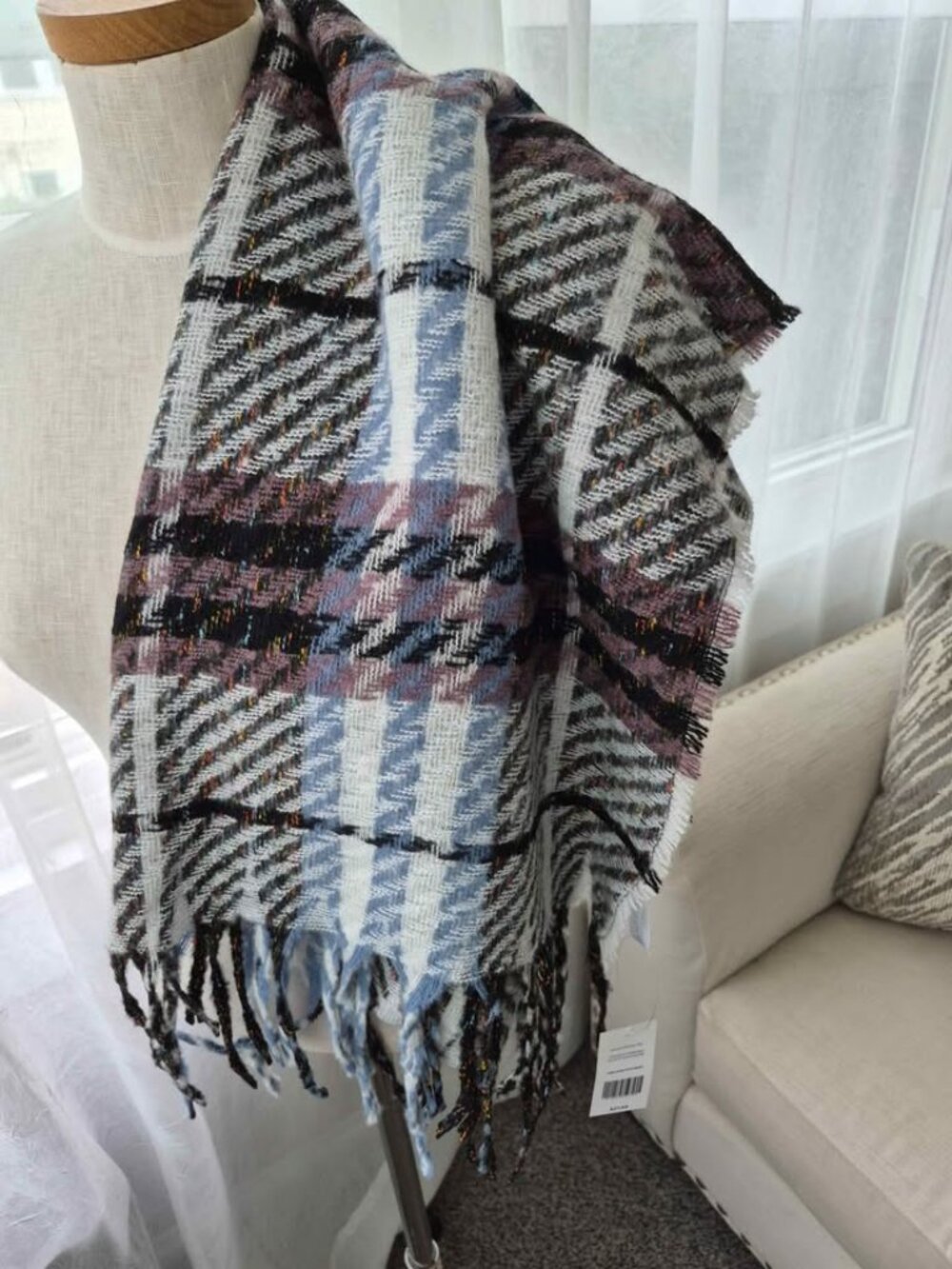 New Mia & Tess plaid scarf with a black, blue, and purple color palette.